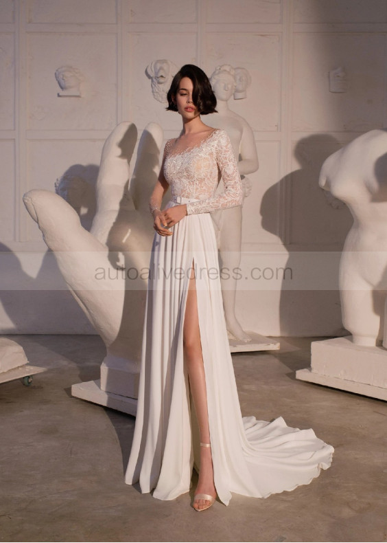 Beaded Ivory Lace Chiffon High Slit Wedding Dress